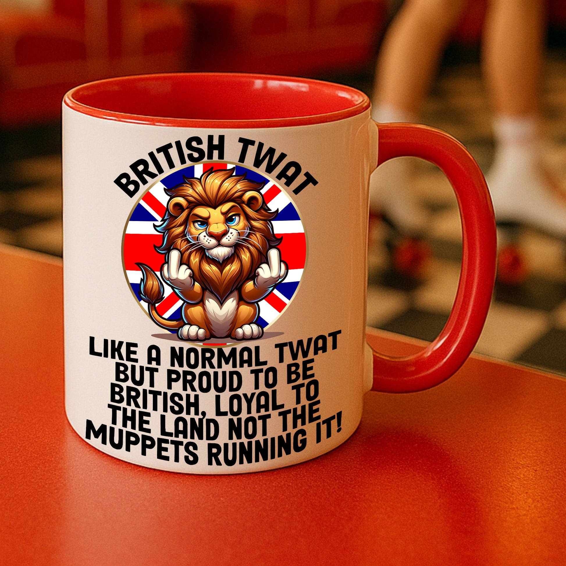 Funny British gift mug with lion and Union Jack design, patriotic coffee cup with red handle, novelty British pride tea mug for men or women.