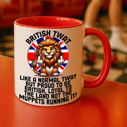 Funny British gift mug with lion and Union Jack design, patriotic coffee cup with red handle, novelty British pride tea mug for men or women.