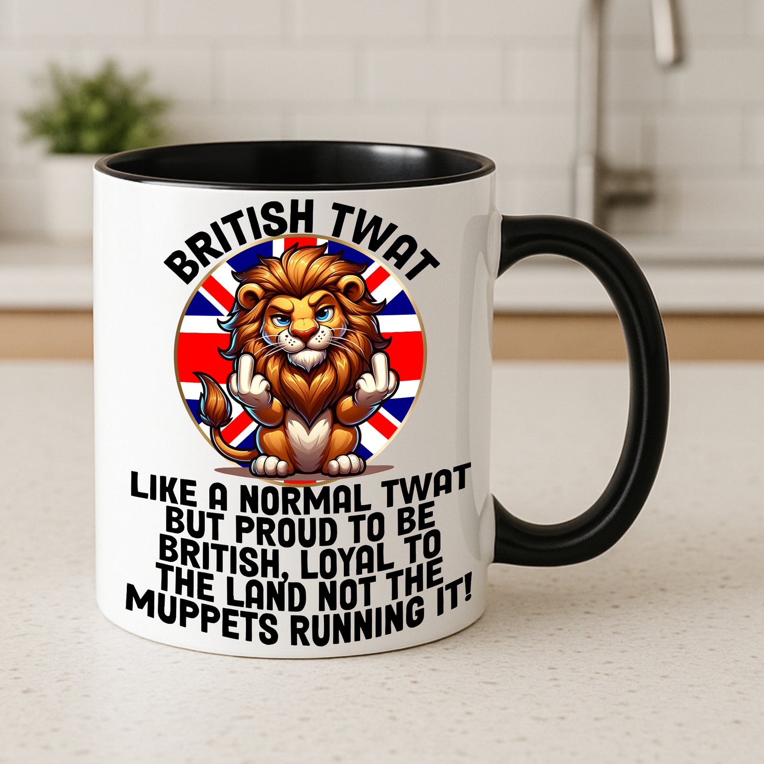 Patriotic Union Jack coffee mug with lion artwork, British humour gift cup with black handle, funny UK novelty tea mug for birthday or Christmas