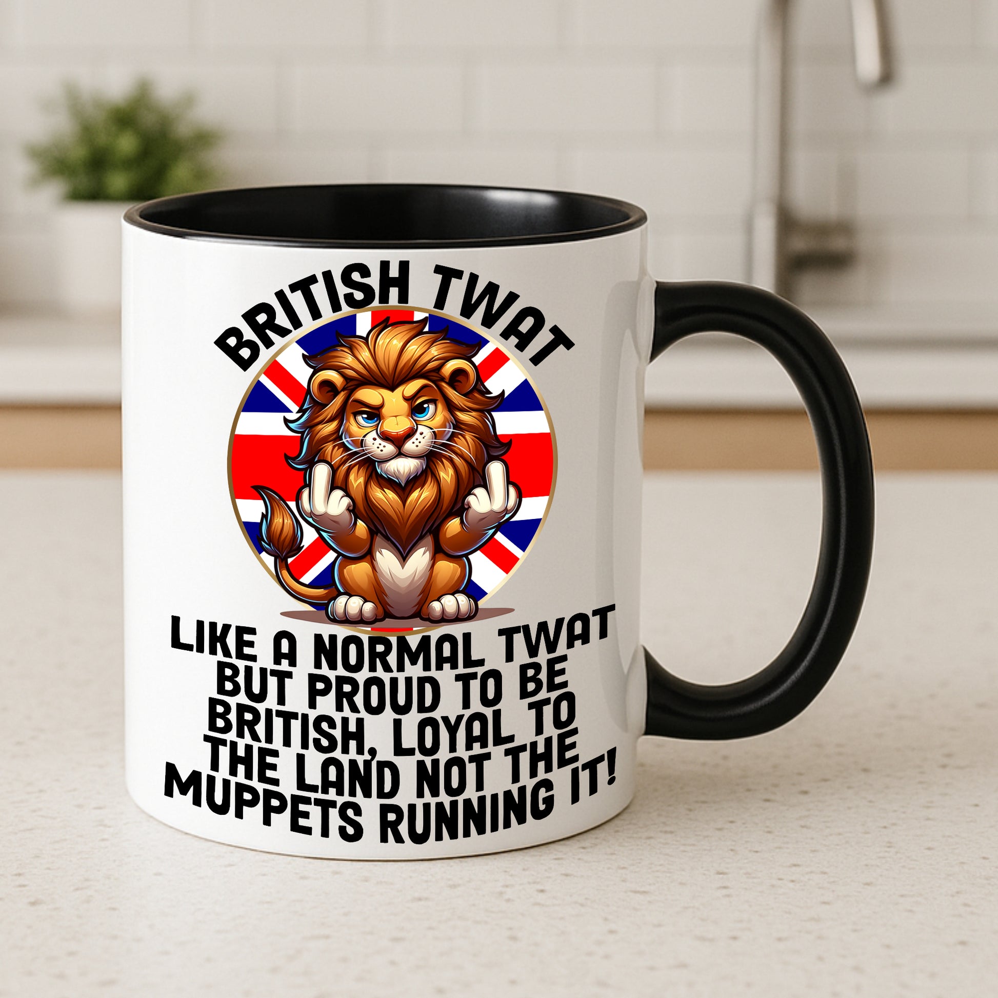 Patriotic Union Jack coffee mug with lion artwork, British humour gift cup with black handle, funny UK novelty tea mug for birthday or Christmas