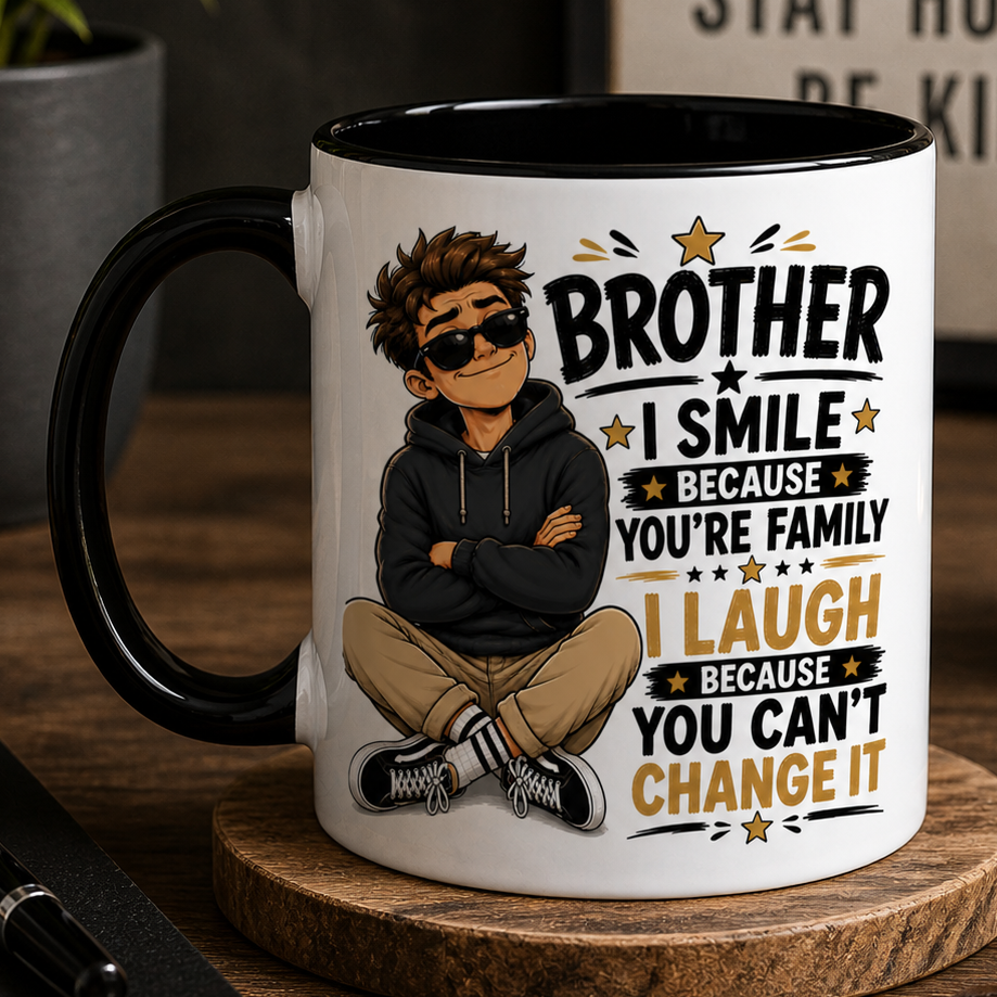 Mug with a brother-themed design on a wooden coaster with coffee beans and a book.