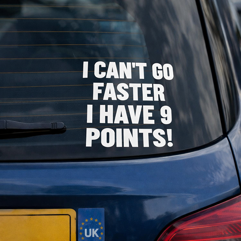 I Can’t Go Faster I Have 9 Points Car Decal | Funny UK Driver Sticker | Custom Points Available | 5x5.5 Inch Permanent Vinyl
