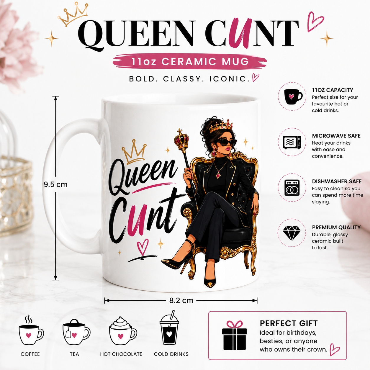 Queen Cunt Mug Funny Best Friend Gift Classy Rude Mug British Humour Coffee Cup for Her Cheeky Birthday Present