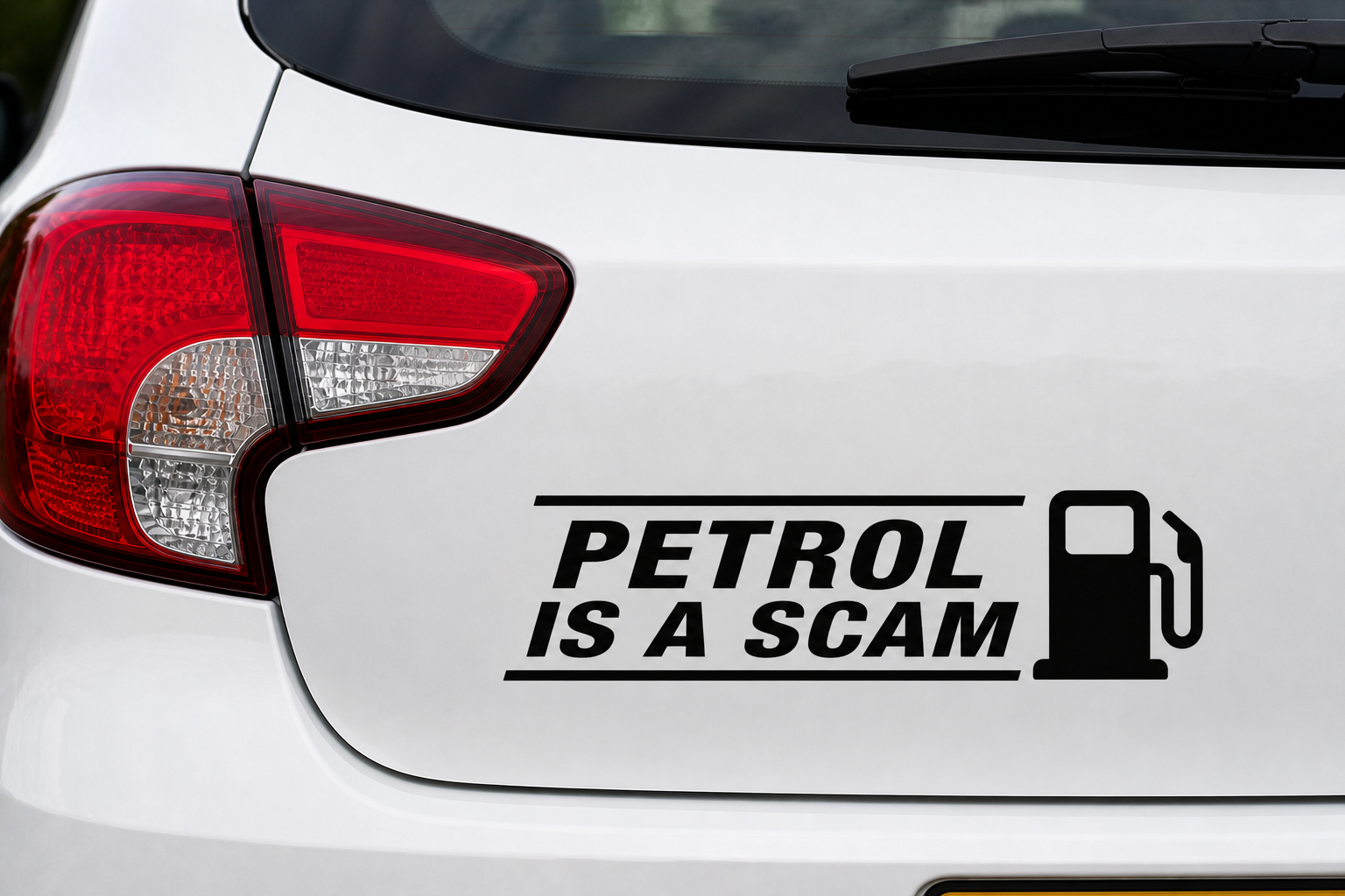 Petrol Is A Scam | Funny Vinyl Car Decal | Available in Black, White or Red | 3 x 8.5 Inch Permanent Vinyl