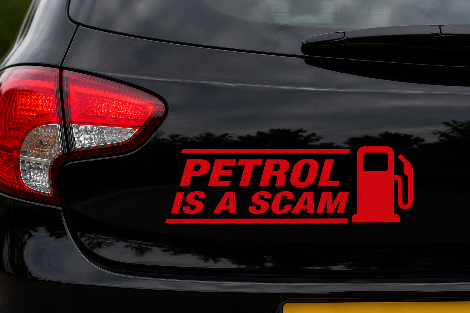 Petrol Is A Scam | Funny Vinyl Car Decal | Available in Black, White or Red | 3 x 8.5 Inch Permanent Vinyl