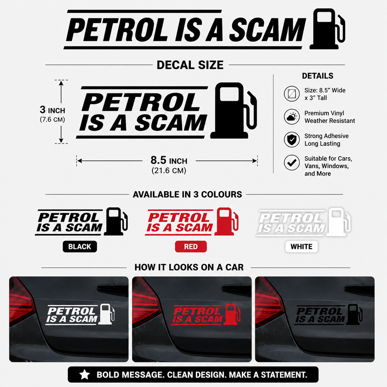 Petrol Is A Scam | Funny Vinyl Car Decal | Available in Black, White or Red | 3 x 8.5 Inch Permanent Vinyl