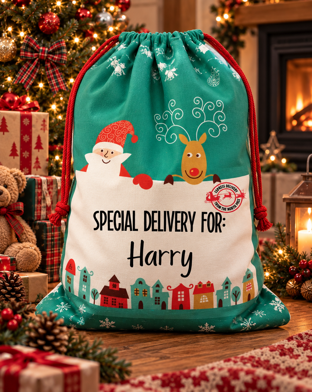 Christmas Sack with name Santa & Reindeer | Personalised Custom Name Santa Sack for Kids & Adults | Large 50x66cm Holiday Gift Bag | Xmas Storage Sack