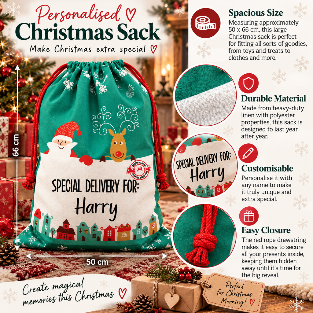 Christmas Sack with name Santa & Reindeer | Personalised Custom Name Santa Sack for Kids & Adults | Large 50x66cm Holiday Gift Bag | Xmas Storage Sack
