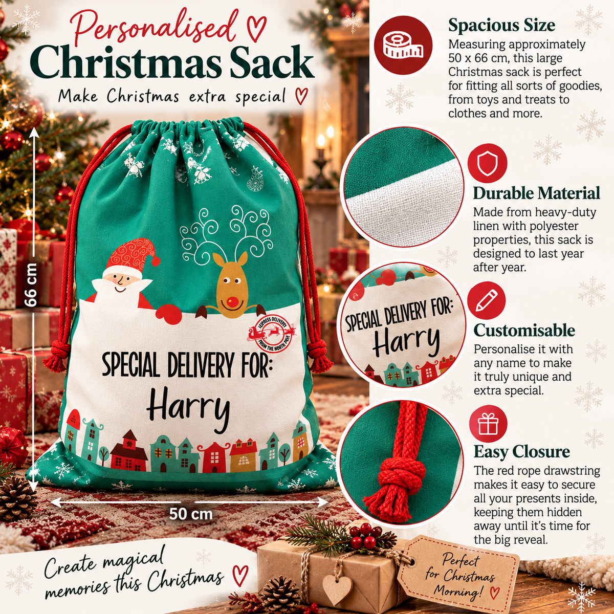 Christmas Sack with name Santa & Reindeer | Personalised Custom Name Santa Sack for Kids & Adults | Large 50x66cm Holiday Gift Bag | Xmas Storage Sack