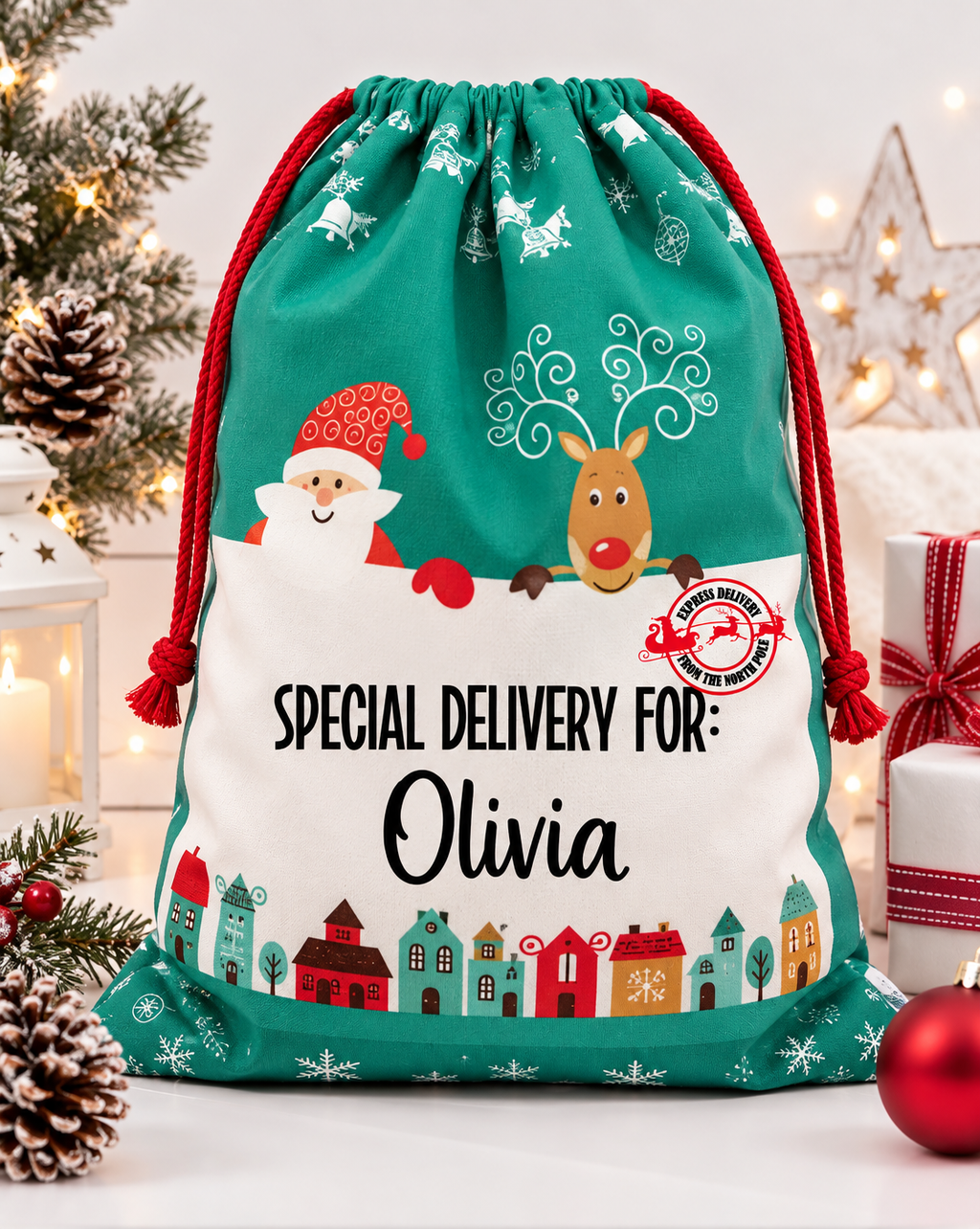 Christmas Sack with name Santa & Reindeer | Personalised Custom Name Santa Sack for Kids & Adults | Large 50x66cm Holiday Gift Bag | Xmas Storage Sack