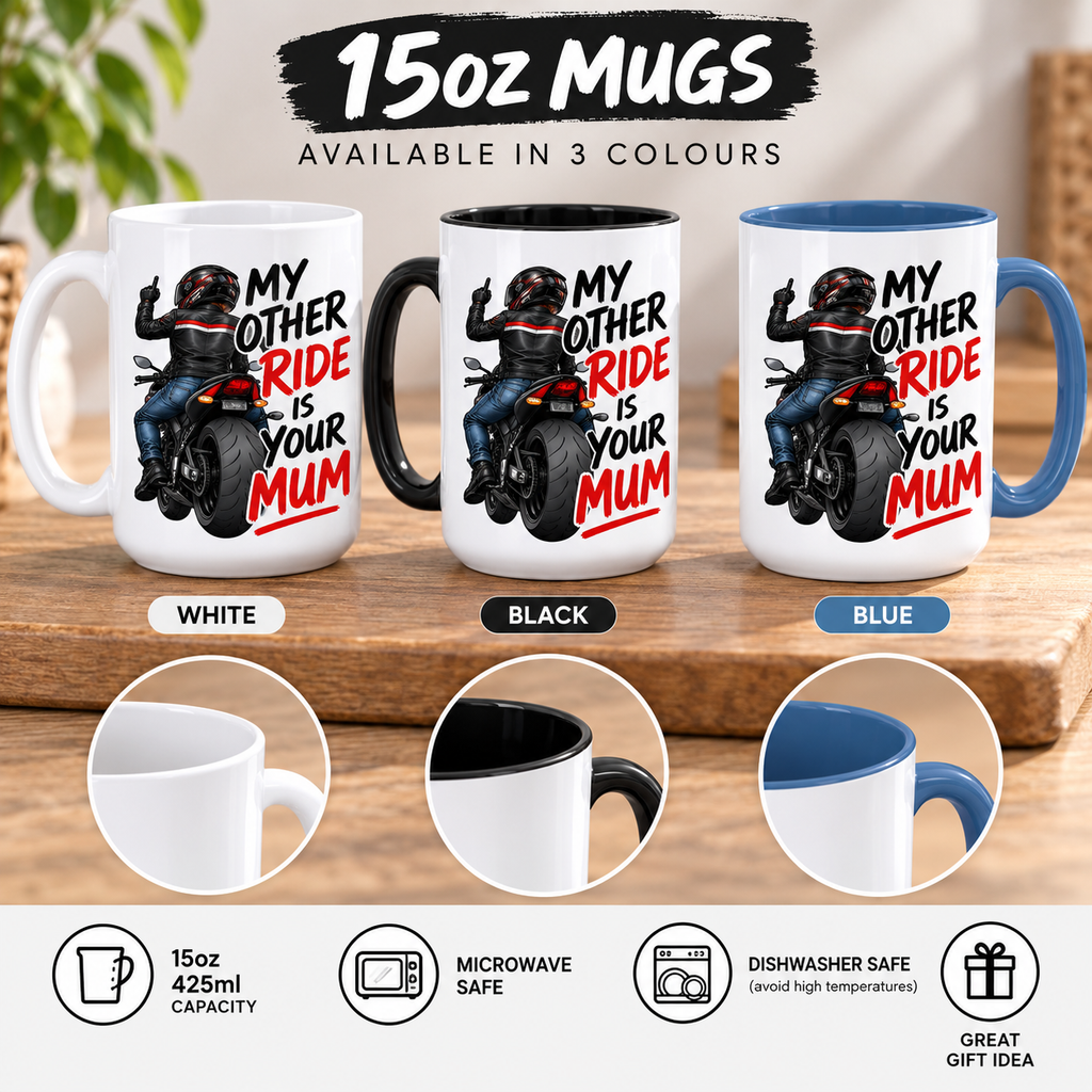 Funny Biker Mug & Tumbler – My Other Ride Is Your Mum Motorcycle Gift for Him, Biker Dad, Husband, Boyfriend Birthday Gift