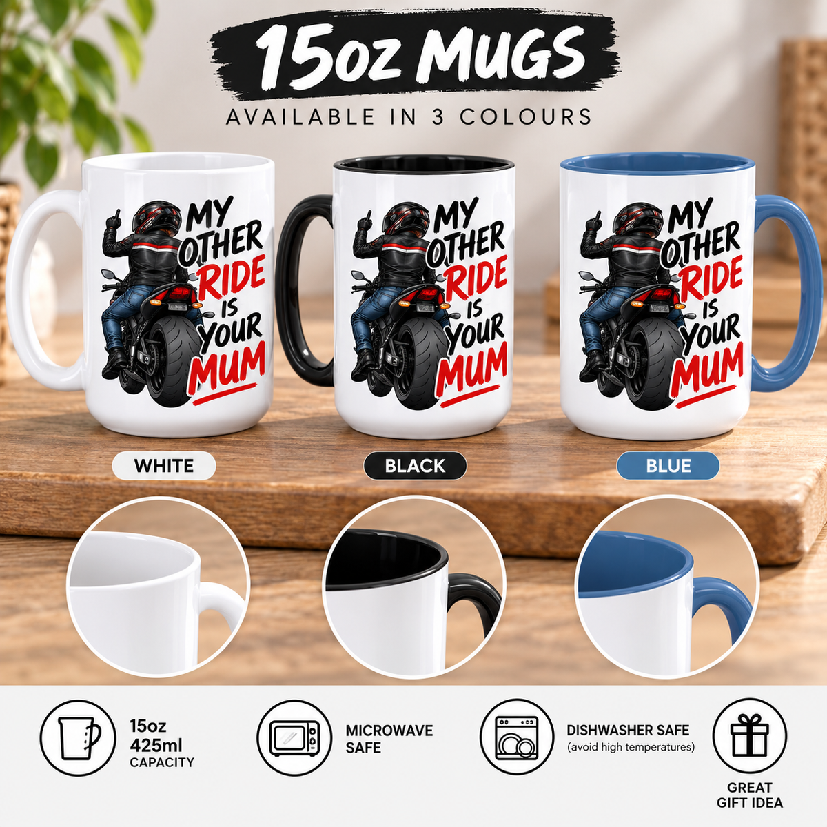 Funny Biker Mug & Tumbler – My Other Ride Is Your Mum Motorcycle Gift for Him, Biker Dad, Husband, Boyfriend Birthday Gift