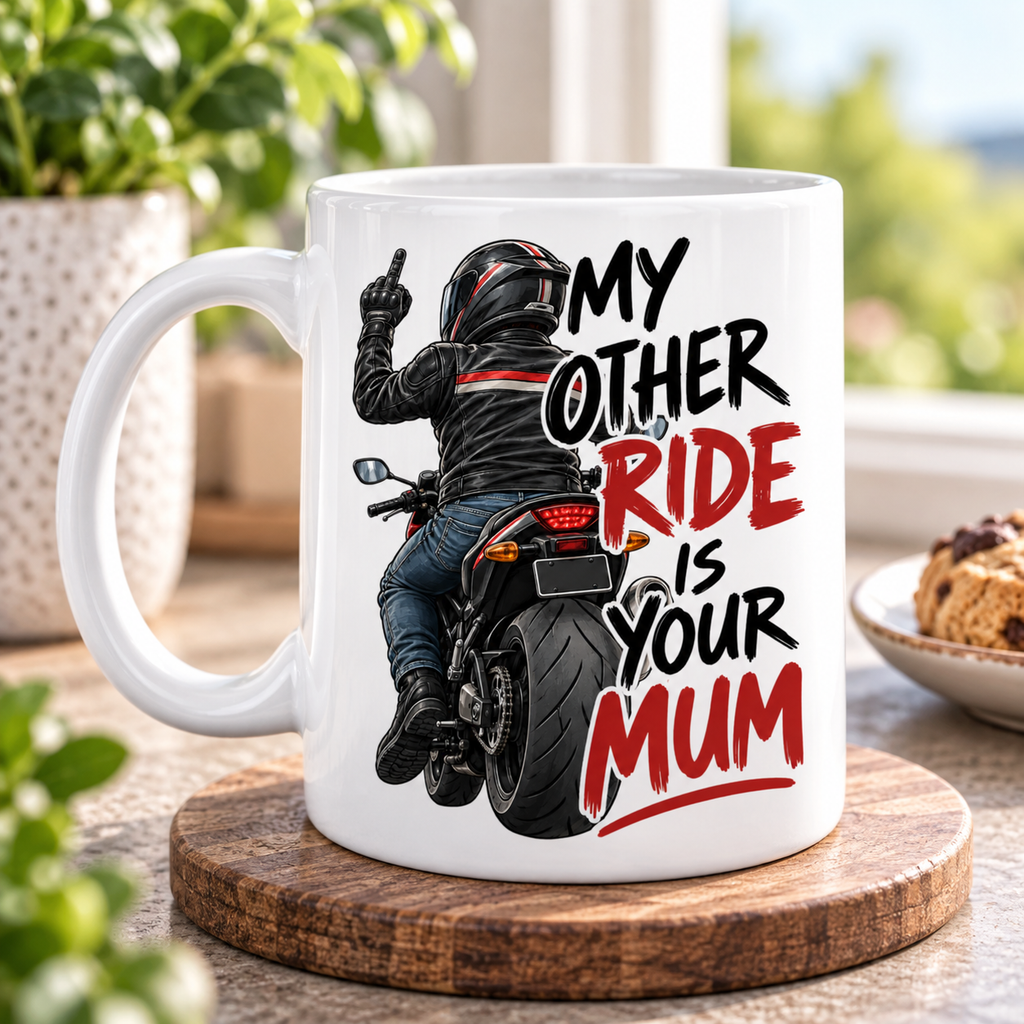 Funny Biker Mug & Tumbler – My Other Ride Is Your Mum Motorcycle Gift for Him, Biker Dad, Husband, Boyfriend Birthday Gift