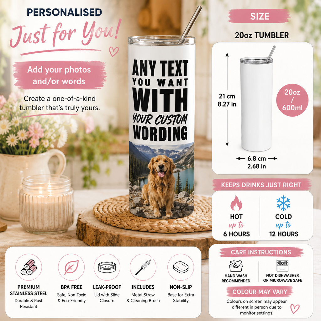 Custom Design Photo or Text Tumbler - Personalised Stainless Steel Travel Mug