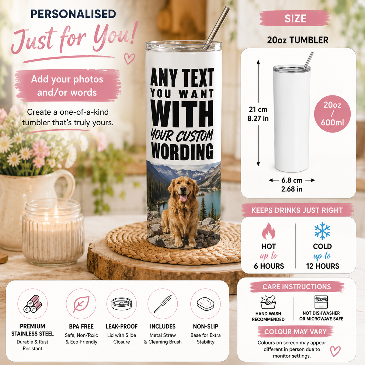 Custom Design Photo or Text Tumbler - Personalised Stainless Steel Travel Mug