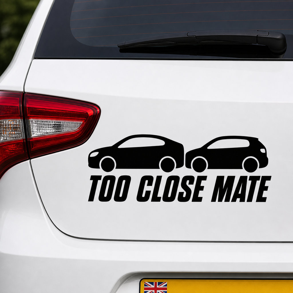 Too Close Mate | Funny Tailgating Car Decal | Available in Black, White or Red | 3.5 x 10 Inch Permanent Vinyl