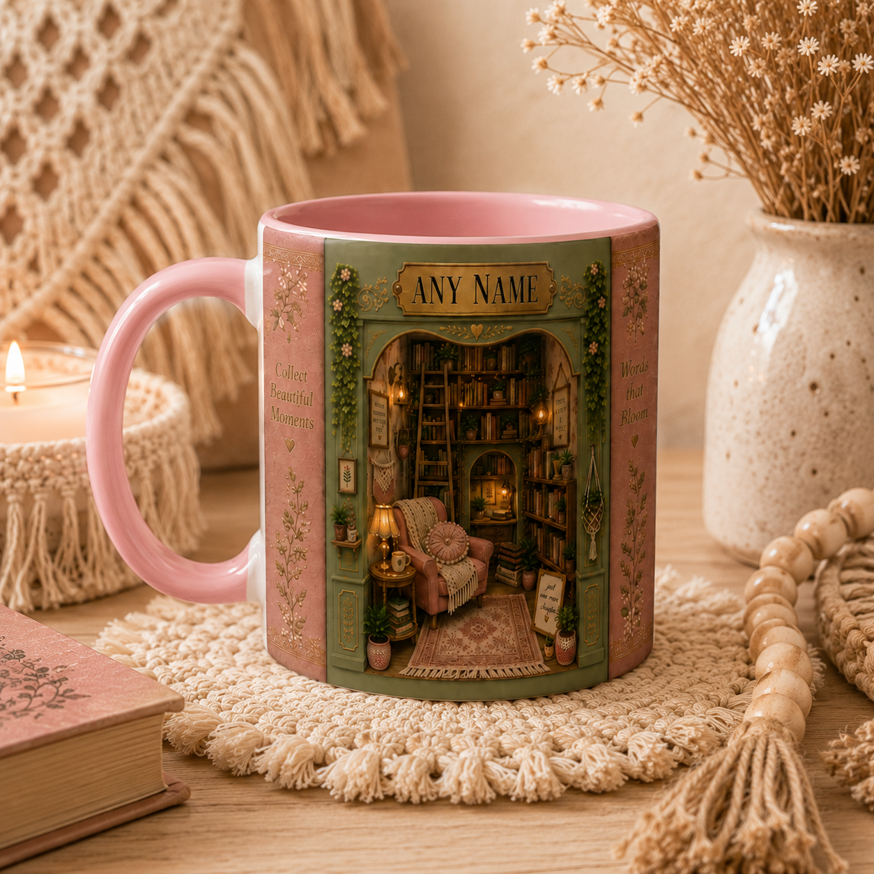 Custom name book nook mug displayed in a warm cosy setting featuring vintage bookshelves, floral details and a hidden reading room inspired design. White ceramic personalised mug available with white or pink inside and handle. Thoughtful book lover gift for women and personalised reading mug.