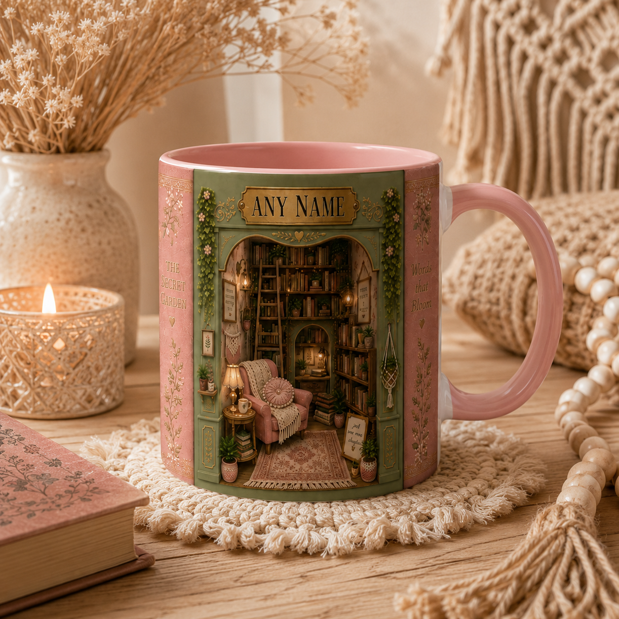 Decorative mug with a miniature room design on a wooden surface with a candle and book.