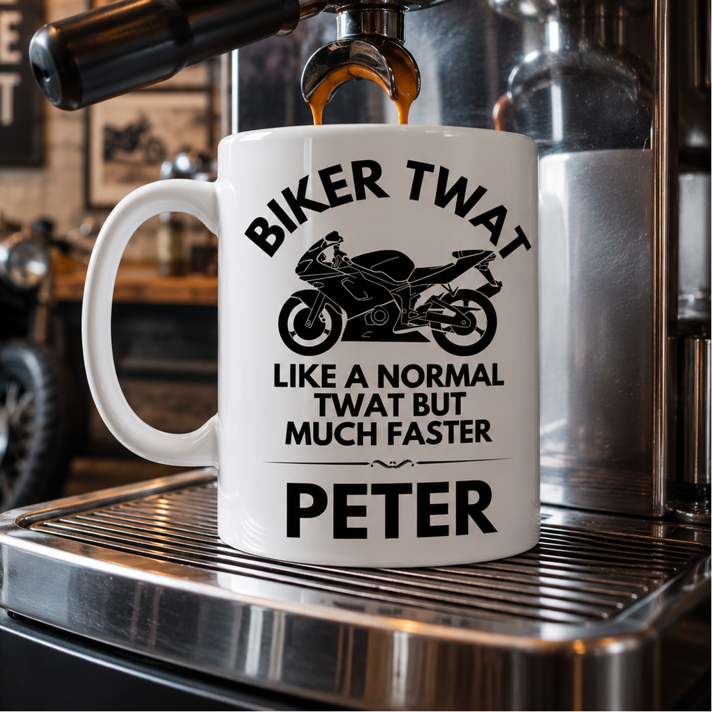 Funny biker twat mug with white inside and handle. 11oz ceramic high quality printed both sides. Microwave and dishwasher safe.