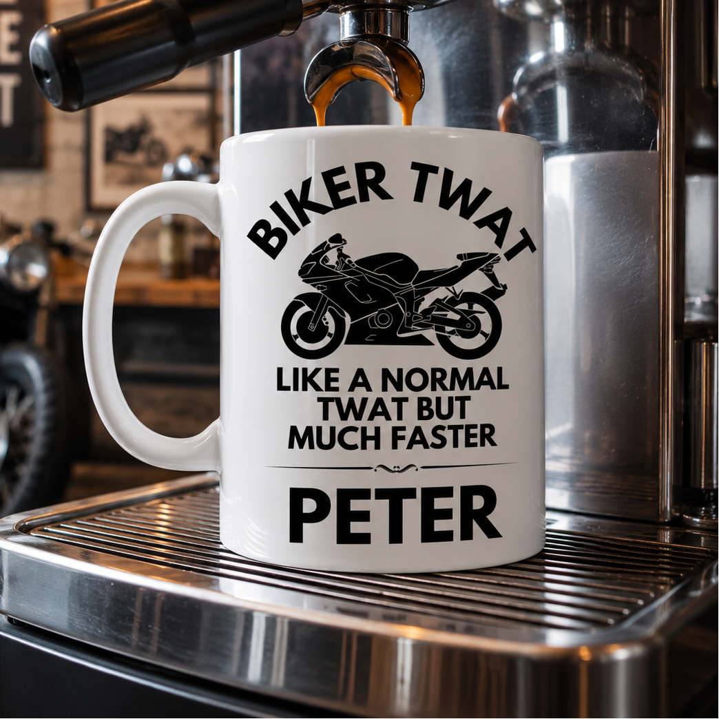 Funny biker twat mug with white inside and handle. 11oz ceramic high quality printed both sides. Microwave and dishwasher safe.