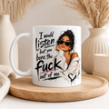 White 11oz ceramic mug with pink inside and handle featuring the funny quote “I Would Listen But You Bore The Fuck Out Of Me” alongside a stylish illustrated woman design. Displayed in a cosy boho home setting with neutral décor and candles. Funny sarcastic mug for women, rude coffee mug, novelty mug, best friend gift, sister gift, coworker present and cheeky birthday gift idea printed in the UK.