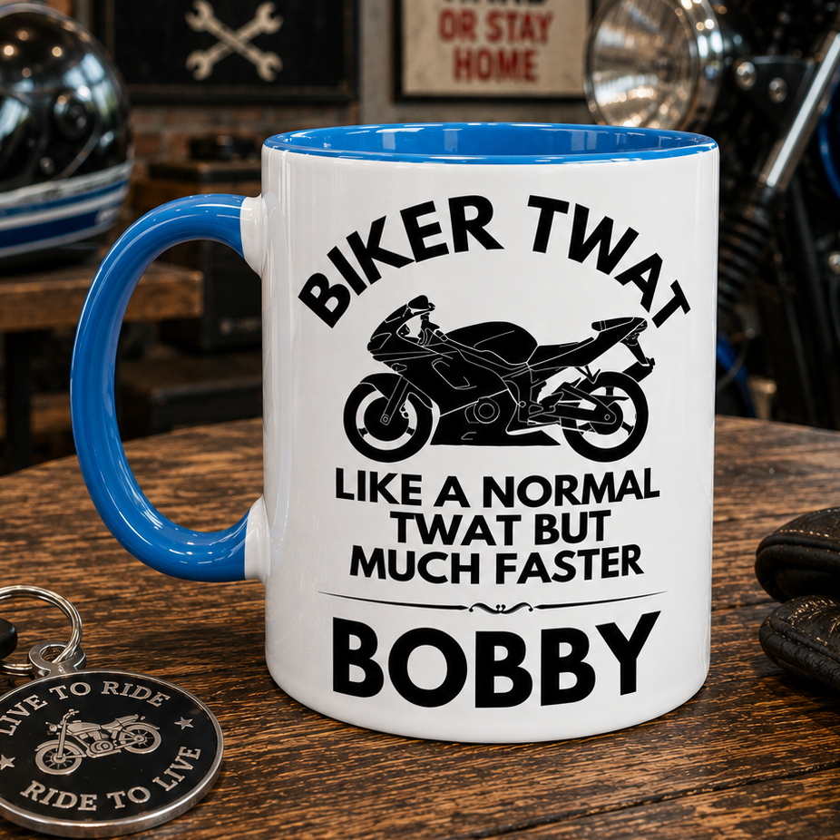 Funny biker twat mug with blue inside and handle. 11oz ceramic high quality printed both sides. Microwave and dishwasher safe.