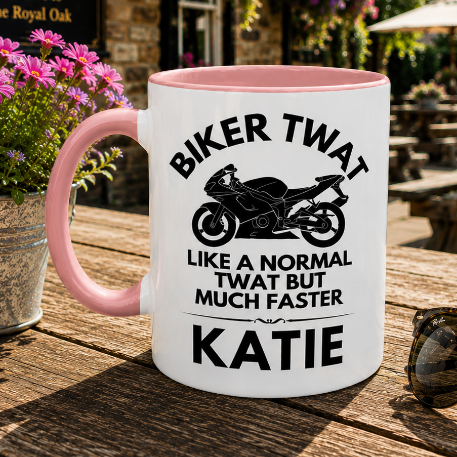 Funny biker twat mug with pink inside and handle. 11oz ceramic high quality printed both sides. Microwave and dishwasher safe.