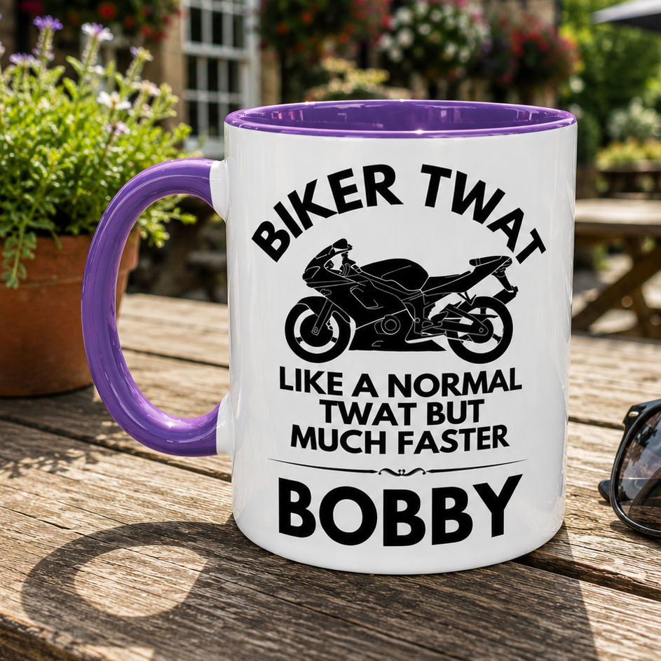 Funny biker twat mug with purple inside and handle. 11oz ceramic high quality printed both sides. Microwave and dishwasher safe.