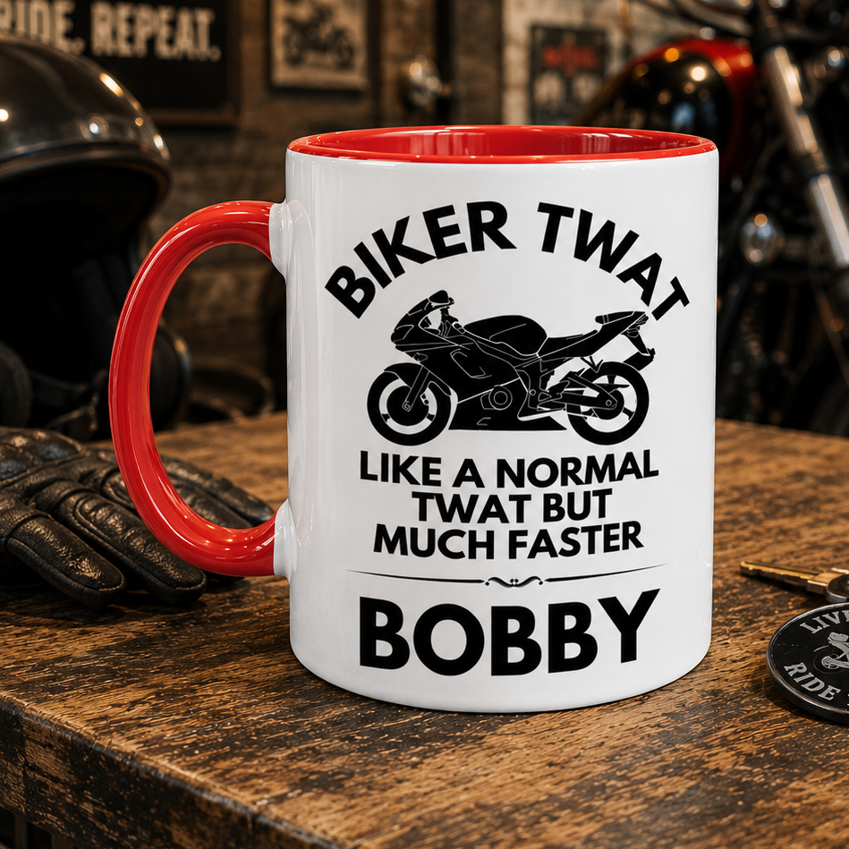 Funny biker twat mug with red inside and handle. 11oz ceramic high quality printed both sides. Microwave and dishwasher safe.