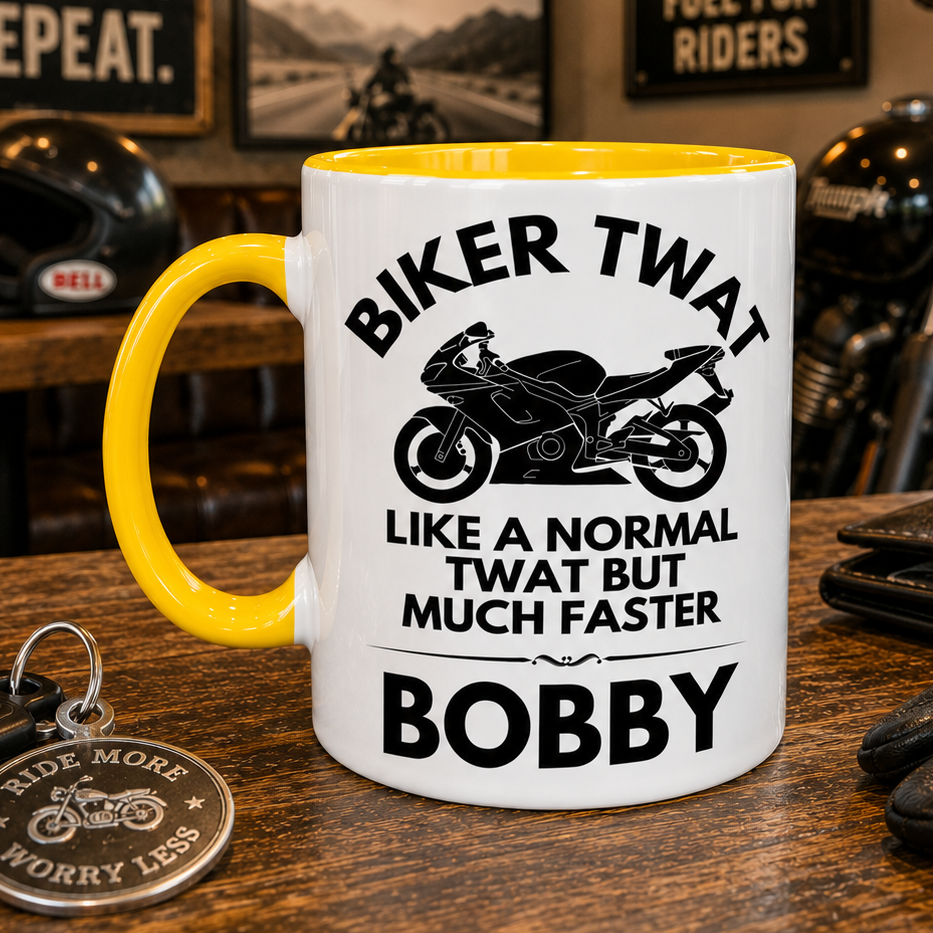 Funny biker twat mug with yellow inside and handle. 11oz ceramic high quality printed both sides. Microwave and dishwasher safe.