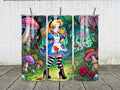Gothic Alice in Wonderland 20oz stainless steel tumbler with blood-splattered apron design, psychedelic mushrooms, and fairytale-themed art. Twisted Wonderland travel cup with reusable straws and spill-proof lid for tea lovers, gothic gift ideas, and dark fantasy fans.