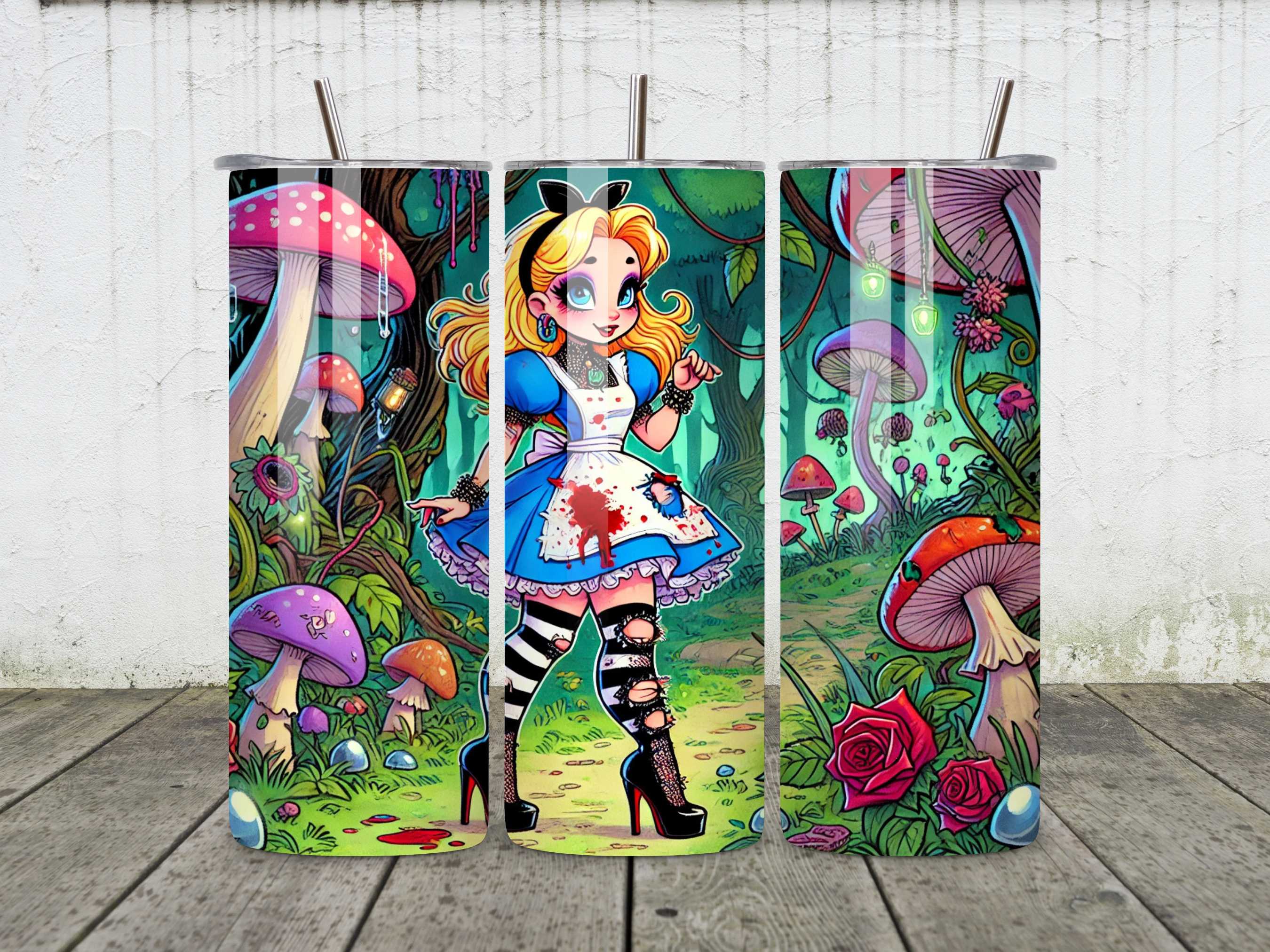 Gothic Alice in Wonderland 20oz stainless steel tumbler with blood-splattered apron design, psychedelic mushrooms, and fairytale-themed art. Twisted Wonderland travel cup with reusable straws and spill-proof lid for tea lovers, gothic gift ideas, and dark fantasy fans.