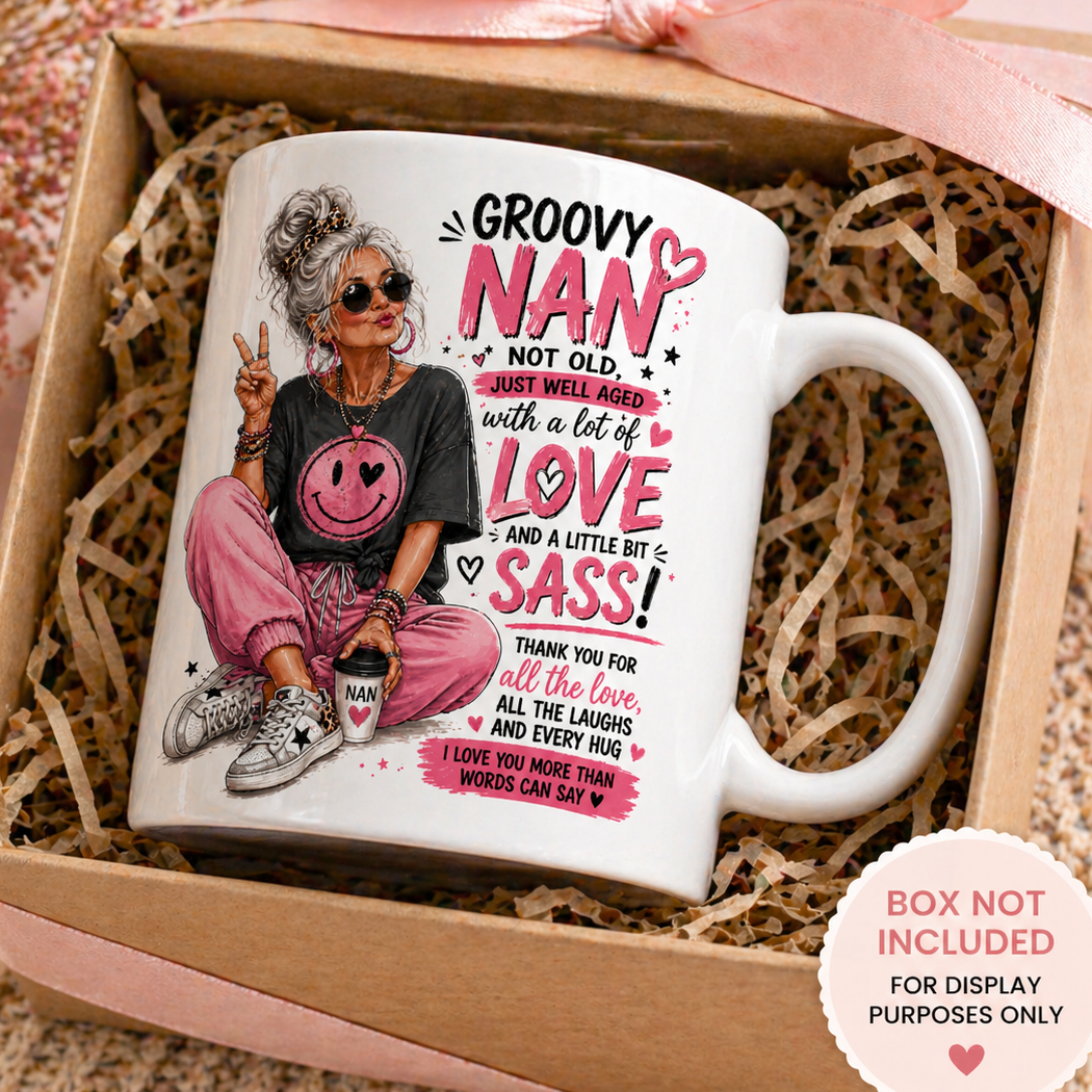 Mug with 'Groovy Nan' design in a gift box with pink ribbon