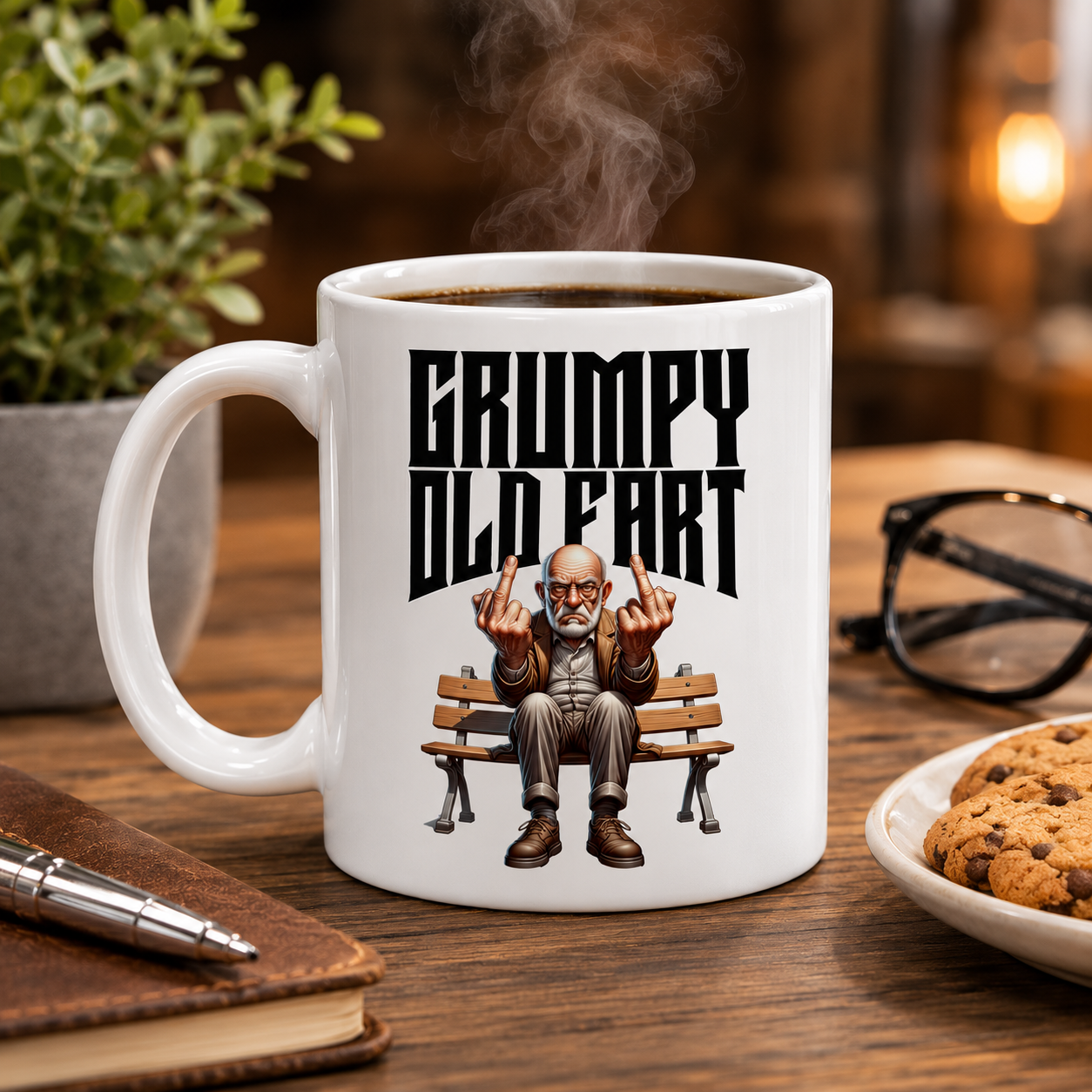 White mug with 'Grumpy Old Fart' design featuring a cartoon grumpy old man on a bench, surrounded by a cozy setting with a plant, glasses, and cookies.