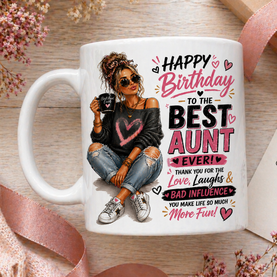 White mug with birthday message for the best aunt, surrounded by flowers and a gift box.