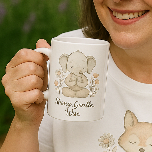 Looking for a sweet way to sip some self-love? 🐘☕ Our Mindful Elephant Coffee Mug wraps you in calm energy every morning! Printed on durable ceramic with the message Strong. Gentle. Wise., it's the perfect yoga gift, motivational mug, or boho home decor mug. Choose from bright handle colours for 11oz or classic black/white for 15oz — both microwave and dishwasher safe (but treat them kindly!). Whether you're gifting a spiritual friend, a mindfulness master, or a coffee addict who needs zen.