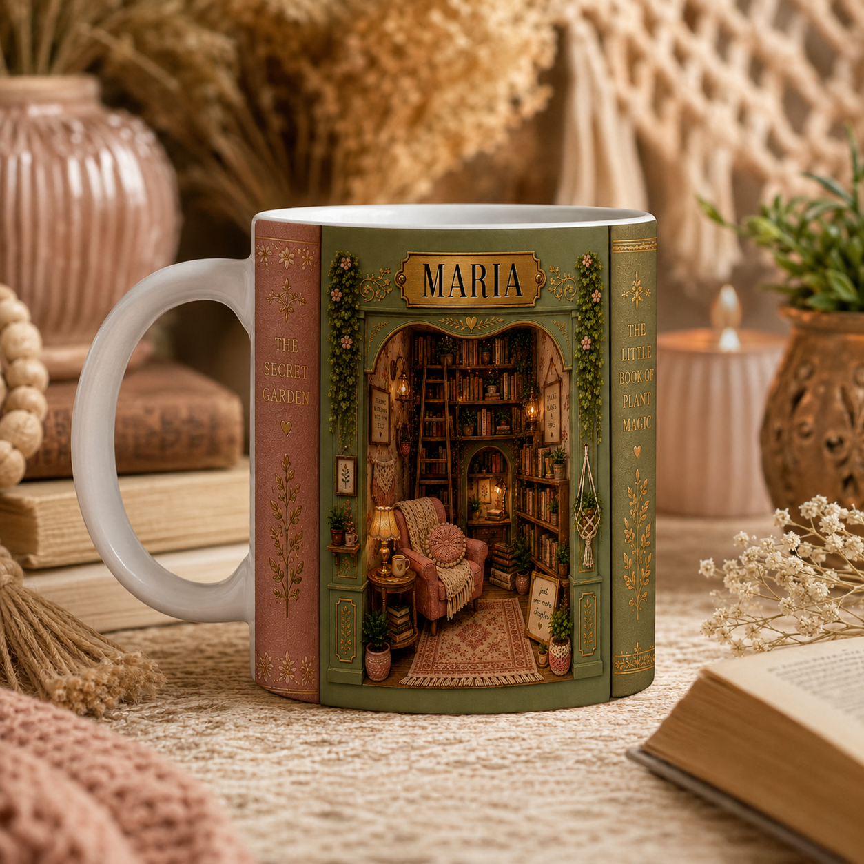 Mug with book design featuring a cozy room scene on a table with decorative items.