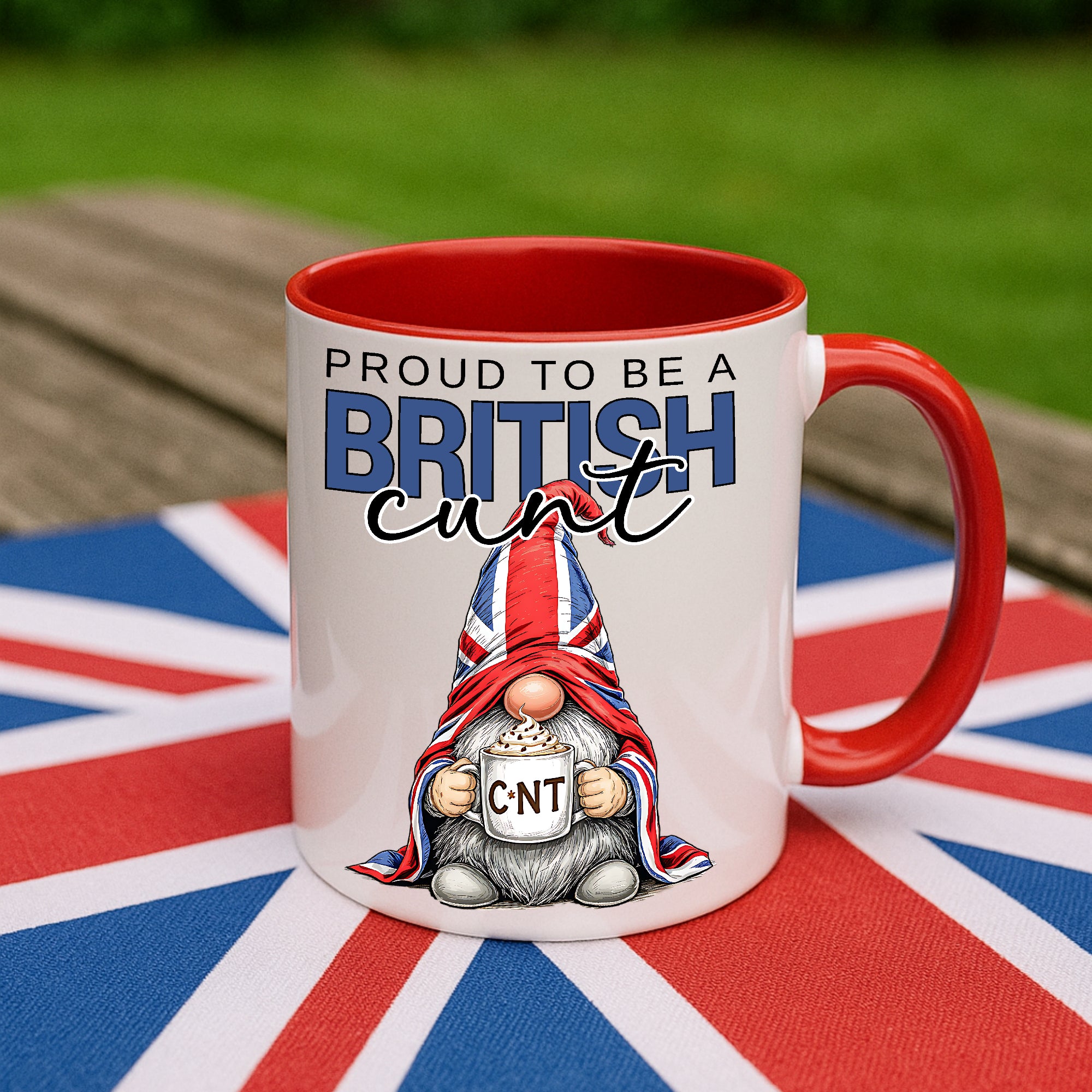 Proud to Be a British Cunt Mug – Funny Union Jack Gnome Mug