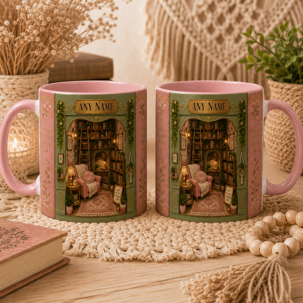 Personalised book lover mug with custom name option featuring a cosy book nook design with bookshelves, soft pink and sage colours, secret garden styling and warm reading corner details. White ceramic mug available with white or pink inside and handle. Personalised reading mug for BookTok fans, bookworms and cosy gift lovers.