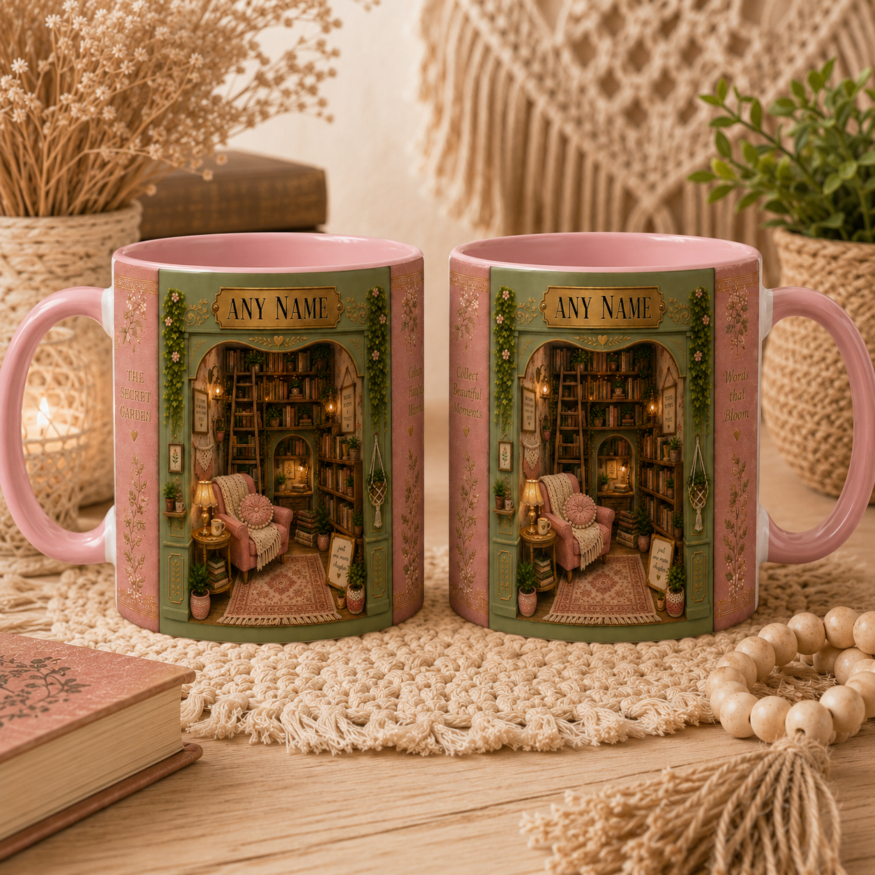 Personalised book lover mug with custom name option featuring a cosy book nook design with bookshelves, soft pink and sage colours, secret garden styling and warm reading corner details. White ceramic mug available with white or pink inside and handle. Personalised reading mug for BookTok fans, bookworms and cosy gift lovers.