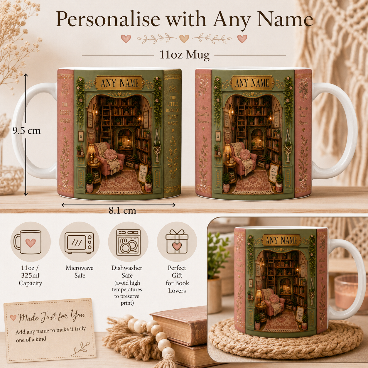 Personalized mug with bookshelf design and customizable text, shown with dimensions and safety information. Cosy gifts for readers, bookworms and BookTok lovers. Personalised mugs and thoughtful gifts inspired by books, reading corners and magical escapes 📚✨