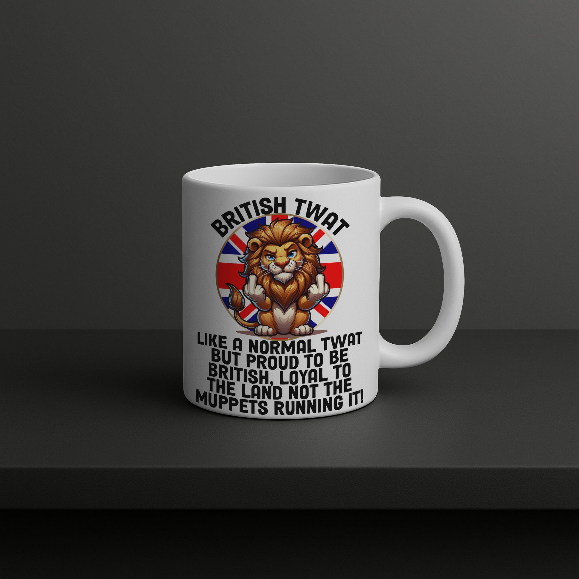 White British pride twat mug 11oz with white handle and inside, Union Jack flag with swearing lion middle finger up coffee cup, funny UK novelty gift tea mug for birthday or Christmas and great for everyday use.