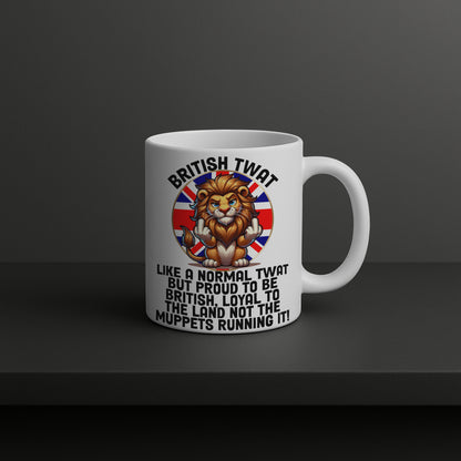 White British pride twat mug 11oz with white handle and inside, Union Jack flag with swearing lion middle finger up coffee cup, funny UK novelty gift tea mug for birthday or Christmas and great for everyday use.