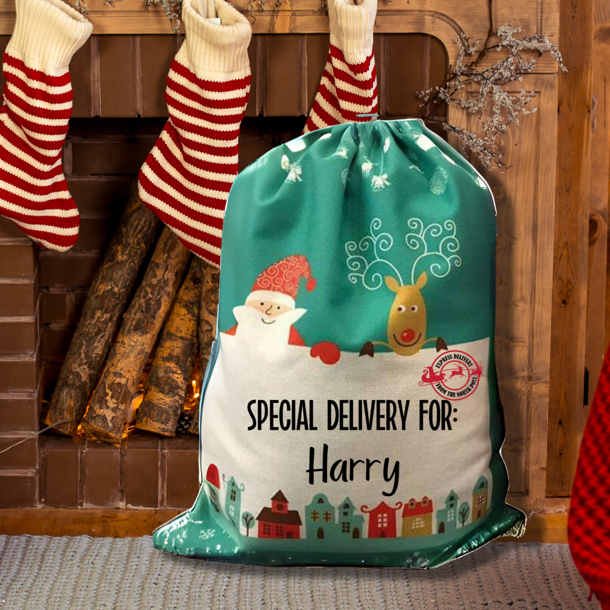 Christmas Sack with name Santa & Reindeer | Personalised Custom Name Santa Sack for Kids & Adults | Large 50x66cm Holiday Gift Bag | Xmas Storage Sack