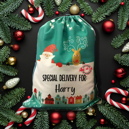Christmas Sack with name Santa & Reindeer | Personalised Custom Name Santa Sack for Kids & Adults | Large 50x66cm Holiday Gift Bag | Xmas Storage Sack