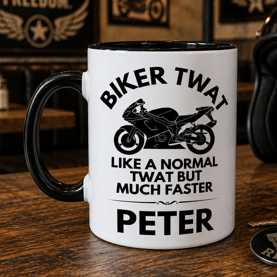 White biker twat mug with black inside and handle. 11oz ceramic high quality printed both sides. Microwave and dishwasher safe.