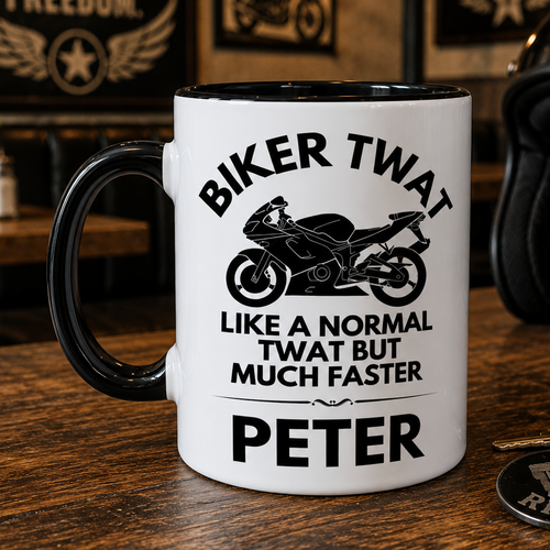 White biker twat mug with black inside and handle. 11oz ceramic high quality printed both sides. Microwave and dishwasher safe.