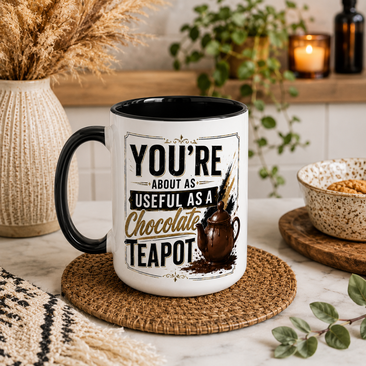 White mug with black interior and handle, featuring text that says - You're about as useful as a chocolate teapot and a chocolate teapot illustration, on a woven coaster.