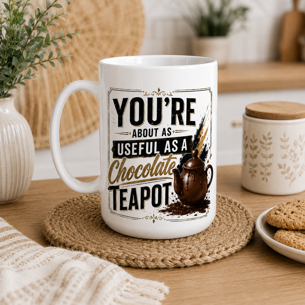 White 15oz mug with humorous text design that says - You're about as useful as a chocolate teapot on a wooden table with a cozy background