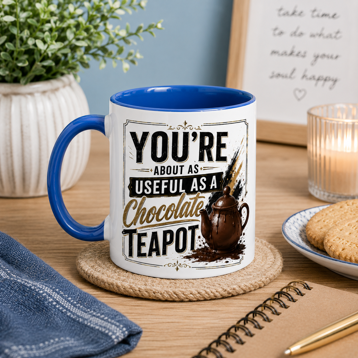 Mug with humorous text design that says - You're about as useful as a chocolate teapot on a table with a plant, candle, and cookies.
